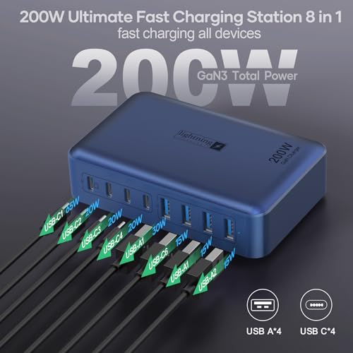 8-Port iPhone Charger Fast Charging 200W with Flat Plug, Braided Power Cord, and On/Off Switch- USB Charging Hub for iPhone, iPad, MacBook and More- 65W C Port Power Adapter for Laptops - color: Flat Charger 200W DB