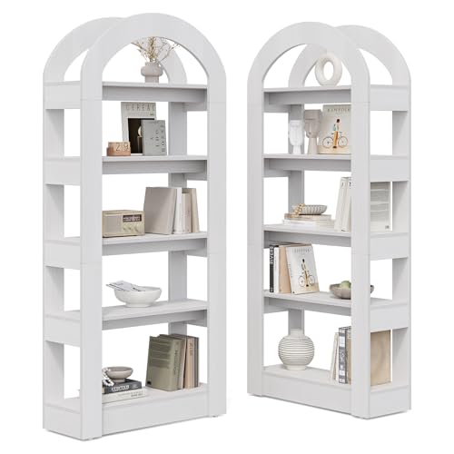 LITTLE TREE 5-Tier Bookshelf, Arch-Shaped Racks, Tall Standing Wooden Bookcase Display Shelf Modern Storage Solution (2, White) - color: White, size: 2