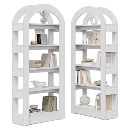 LITTLE TREE 5-Tier Bookshelf, Arch-Shaped Racks, Tall Standing Wooden Bookcase Display Shelf Modern Storage Solution (2, White) - color: White, size: 2
