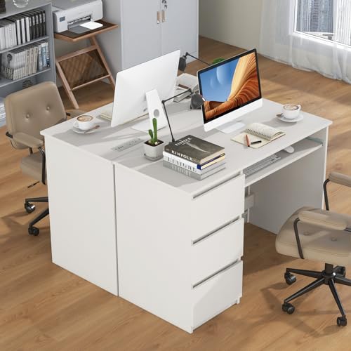 Tangkula White Desk with 3 Storage Drawers & Built-in Charging Station, Home Office Desk with Keyboard Tray, PC Desk Study Writing Table, Vanity Table for Bedroom, Computer Workstation (White) - color: White