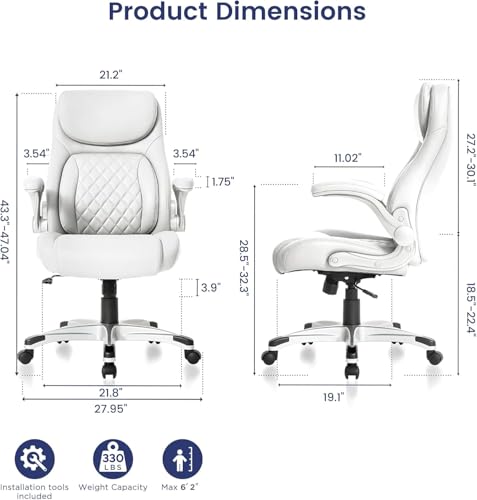 Nouhaus Ergonomic Office Chair Premium Leather Adjustable Lumbar Support & Armrests, High Back Comfy Desk Gaming Chairs Executive Computer Swivel Chair Tilt Function(Posture,White) - color: White