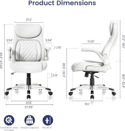Nouhaus Ergonomic Office Chair Premium Leather Adjustable Lumbar Support & Armrests, High Back Comfy Desk Gaming Chairs Executive Computer Swivel Chair Tilt Function(Posture,White) - color: White