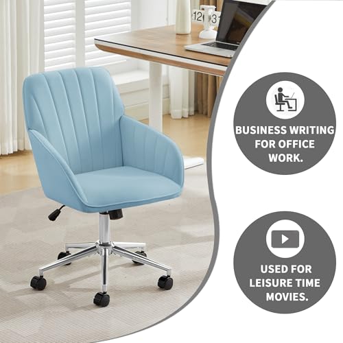 YITAI Velvet Office Desk Armchairs with Silver Base and Wheels,Modern Height Adjustable 360 Degree Swivel Upholstered Vanity Chairs for Living/Room Bedroom/Study,Light Blue - color: Silver Blue