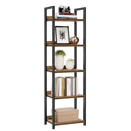 NUMENN Narrow Bookshelf, 5 Tier Freestanding Shelving Unit, Vintage | Metal Frame & Wood Shelves, Falling Prevention Baffle, Open Storage Bookcase for Bedroom, Living Room & Home Office - color: Vintage, size: 5 Tier(Narrow)