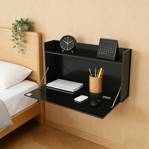 Wall Mounted Foldable Desk Cabinet with Lock, 29.9 Inch Floating Desk & Storage Shelf, Space Saving Fold Down Table for Small Spaces, Home Office, Study, Holds 44 lbs (Black, 76*43*40cm)
