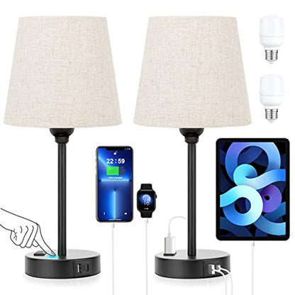 Bedside Table Lamps Set 2 for Bedroom - Dimmable Touch, USB C+A, AC Outlet | 14.5" Mini Lamp, 3-Way Dimmable, LED Bulbs Included, Trapezoid Barrel Fabric Lampshade, Nightstand Light for Guest Room, Kids - color: Beige