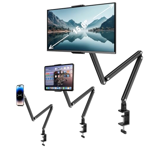 Yumecamp Triple Arm Tablet Stand, Heavy Duty Aluminum iPad Holder with Desk Clamp, 360° Rotating Mount for 4.7-15.6" iPad/iPhone/Portable Monitors – Sturdy No-Shake Design for Kitchen,Work
