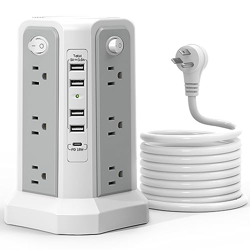 Surge Protector Power Strip Tower (13A 1625W) with PD 20W USB C Port 10FT | Extension Cord with 12 Multiple Outlets, Overload Protection Charging Tower for Home Office Dorm Room Essentials - style: Gray-13A-4A1C