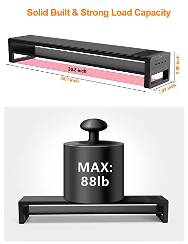 2 Tiers Dual Monitor Stand with Auto Charging Pad, 4 USB 3.0 Hub Ports, Double Monitor Riser, Metal Desk Stand with Storage, Long Screen Raiser for 2 Monitors/PC/Laptop/Computer Space Saver Organizer