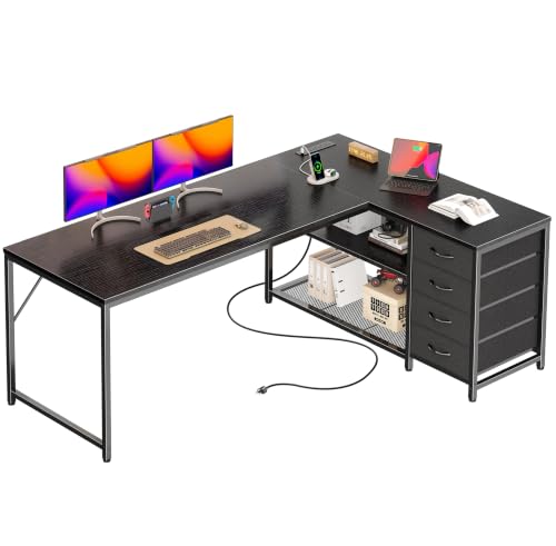 PRAISUN 61" L Shaped Desk with Power Outlets & 4 Drawers | Reversible Computer Desk with 2 Storage Shelves, Large Corner Office Desk for Gaming Writing Work Study, Black - color: Black, size: 61 Inch