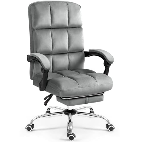 ECOTOUGE Velvet Executive Office Chair with Footrest, Ergonomic Comfy Desk Chair, High Back Computer Chair with Adjustable Tilt Angle, Grey