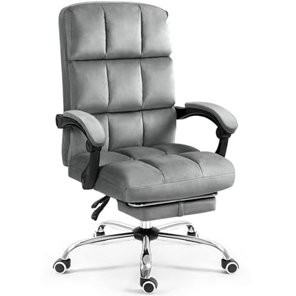 ECOTOUGE Velvet Executive Office Chair with Footrest, Ergonomic Comfy Desk Chair, High Back Computer Chair with Adjustable Tilt Angle, Grey