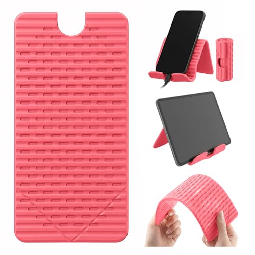 Flexible Silicone Aluminum Phone Holder Tablet Stand with Charging Port Design, Foldable Airplane Laptop/Phone Stand for Home Office Travel (Pink) - color: Pink