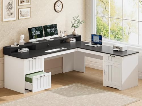 SEDETA Farmhouse 63" L Shaped Desk with Drawers and Storage Cabinet | Office Desk with File Drawers, Wood Corner Computer Desk with Storage, Home Office Desk with Monitor Stand,Black and White - color: Black and White