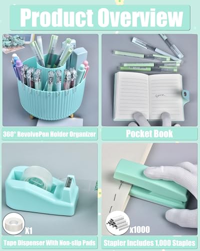 LXEVIHK Green Desk Accessories, 20Pc Office Supplies and 360°Pen Holder Desk Organizers, With Tape Dispenser, Stapler, Staple Remover, Ect, Let the Color Green Fill Your Desktop - color: Green