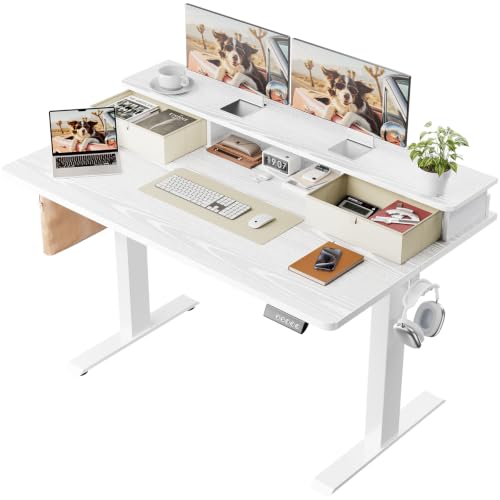 Veken 47x28 in Electric Standing Desk with Drawers, Adjustable Table, White | Stand up Computer Desk for Home Office, Work & Study, with Storage, 3 Memory Presets, Cable Organizer, Hook, and Quiet Lift. - color: White, size: 47.2×28 Inch