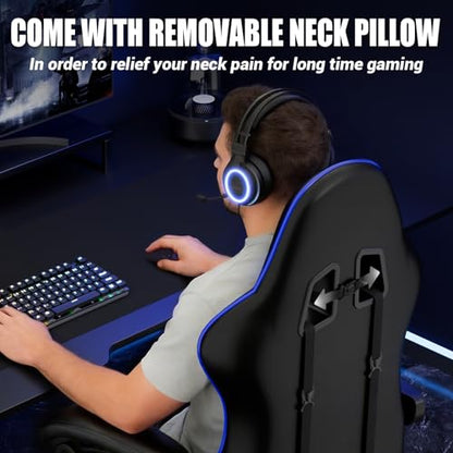 Czlolo Gaming Chair with Footrest Racing Style Lumbar Support Massager Video Game Chair with Metal Legs, High Back Reclining Gamer Chair with Headrest, 360° Swivel Office Computer Desk Chair (Blue) - color: Blue