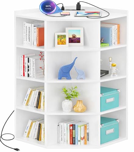 Aheaplus Corner Cabinet, 5-Tier Corner Bookshelf with Power Outlets, White | Corner Cube Storage Shelf with Top Table, Wooden L Cubby Toy Storage with 12 Cubes for Home Office, Bedroom, Living Room - color: White, size: 5-Tier