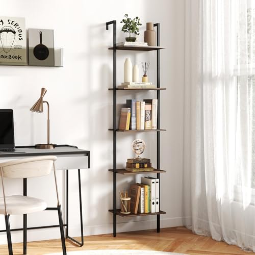 GIANTEX 5 Tier Ladder Shelf, Wall Mount Bookshelf with Anti-Tipping Kits & Metal Frame, Industrial Decorative Bookcase, Vertical Open Storage Display Shelf for Living Room Bedroom Home Office (1)