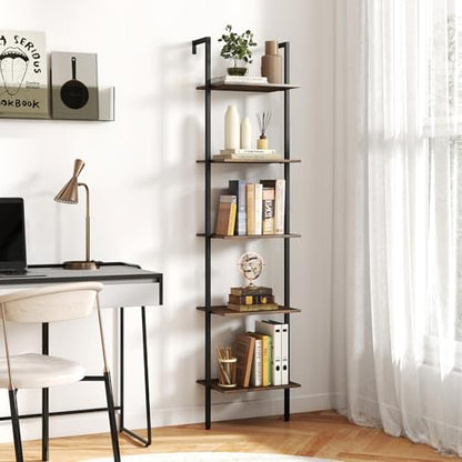 GIANTEX 5 Tier Ladder Shelf, Wall Mount Bookshelf with Anti-Tipping Kits & Metal Frame, Industrial Decorative Bookcase, Vertical Open Storage Display Shelf for Living Room Bedroom Home Office (1)