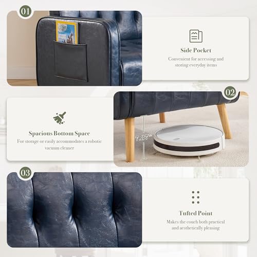 Leather Accent Chair Set of 2, Living Room Chair with Wooden Legs (Blue) | CHYMSUN, Mid-Century Modern, Tufted Backrest, Side Pocket, Cozy, Comfy Armchair, Office, Living Room, Waiting Room - color: Blue, size: 2