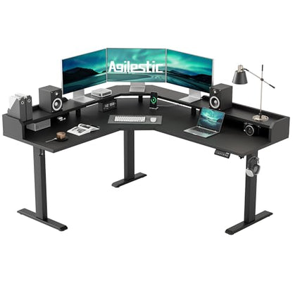 Agilestic 63 Inch L Shaped Electric Standing Desk with Shelf, Black - color: Black, size: 63x55 Inch Pro