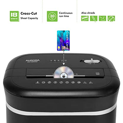 Aurora Long Duty Cycle 18-Sheet Crosscut Paper/CD/Credit Card Shredder, AntiJam Feature, 30-Minute Continuous Run Time, Large 6-gal Pullout Basket - size: 18-Sheet Long Duty CrossCut