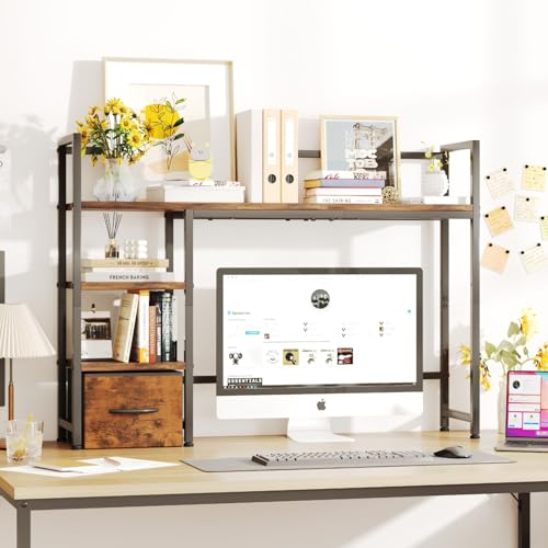 Desk Shelf with Drawer, 41.3" Desktop Organizer Shelf, Desk Hutch for Computer Monitor Max 32", 3 Tier Desktop Display Rack, Wooden Desk Top Bookshelf Storage Rack for Home Office Dorm, Rustic Brown - color: Rustic Brown