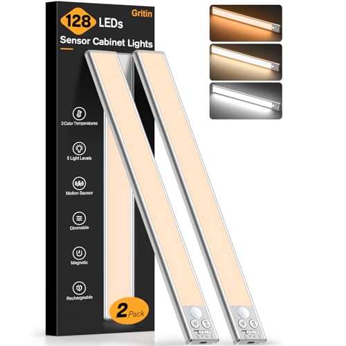 Gritin 14.7inch Under Cabinet Lighting Rechargeable 2 Pack | 3 Color Temps & 5 Brightness,Super Bright,4 Modes,Motion Sensor,Long Lasting - Easy Installation Under Closet Lights-Silver - color: Silver, size: 14.7 inch