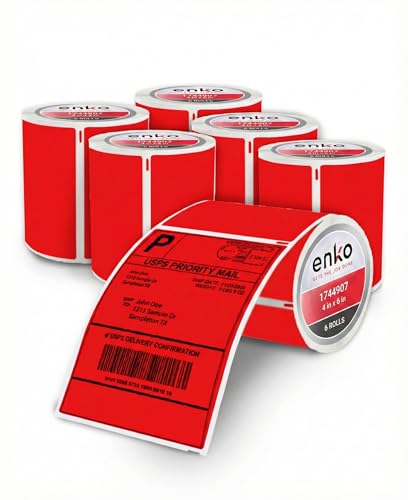 enKo 1744907 6 Rolls | 1320 Red Direct Thermal Address Labels (4 x 6 in) - size: Red 6 Rolls - 1320 Labels