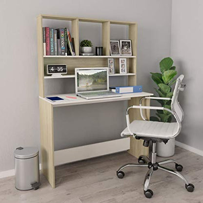 Desk with Shelves, 43.3x17.7x61.8 Inches Engineered Wood Desk in White and Sonoma Oak, Vertical Storage for Small Spaces, Organize Folders Documents and PC Equipment - color: White and Sonoma Oak