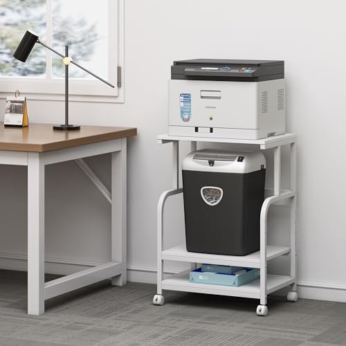 Fannova White Printer Stand with Storage, 3 Tier Printer Table with Height Adjustable Shelf, Rolling Printer Cart with Wheels for Home Office Organization - color: White