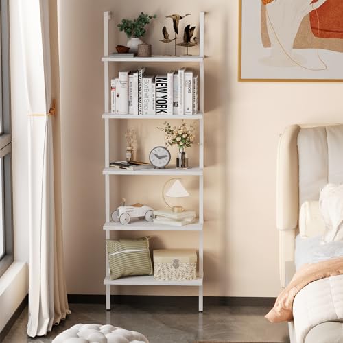 aboxoo Ladder Shelf White Wooden Bookshelf 5-Tier Wall-Mounted Open Wood Rack Industrial Modern Plant Flower Stand Utility Organizer Bookcase Metal Frame Furniture Office Kitchen Bedroom - color: White Wood 5-tier, size: 1PC