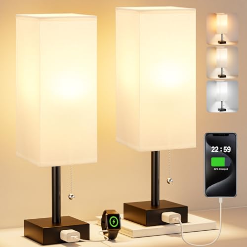 White Bedside Lamps for Bedroom Set of 2 - Small Rectangular Nightstand Lamp with AC Outlet Charging Port, 3 Color Temperatures Desk Light with Bulb, Tabletop Reading Lamp for Living Room/Dorm/Office | AC Outlet, 3 Color Temperatures, LED Bulb Included, P