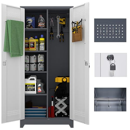 Metal Storage Cabinets with Doors and Shelves,Tall Broom Closet Storage Cabinet with Pegboard,Utility Tool Cabinets,Steel Locking Cabinets for Home Office,Basement,Laundry,Grey-White - size: 72"H x 31.5"W x 15.74"D-Grey/white