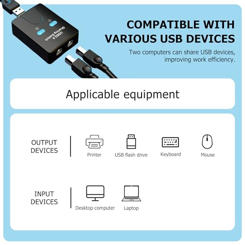 USB2.0 Print Sharer Adapter 2 in 1 Out 2-Port USB B Printer Sharer Switcher for Laptops,Desktop Computers,Printers etc