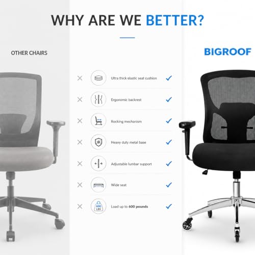 Big and Tall Office Chair 600lbs, Heavy Duty Ergonomic Mesh Chair, Computer Executive Desk Chair with Wide Thick Seat, Adjustable Armrests, Lumbar Support (Black, 600LBS) - size: 600LBS