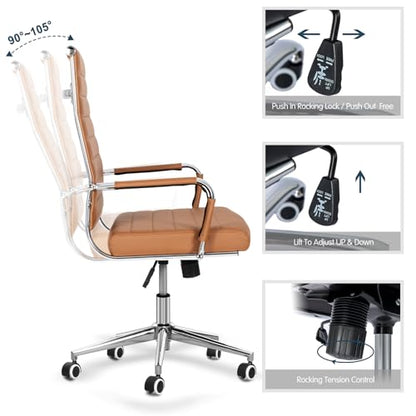 Home Office Chair Ribbed, Modern Leather Conference Waiting Room Chairs,Ergonomic Office Desk Chair, High Back Executive Computer Chair, Adjustable Swivel Chair with Arms,Brown - color: Classic Brown