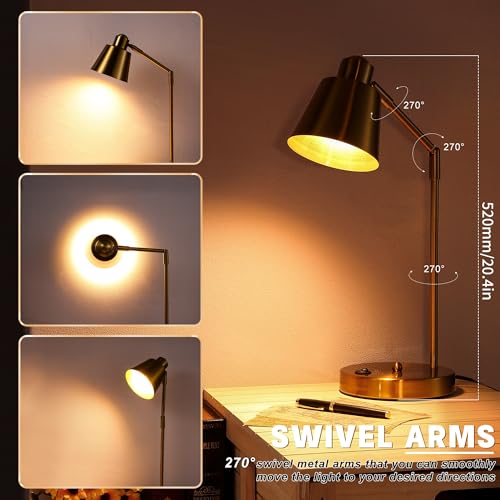 Anxingtools LED Desk Lamp with Dual USB Charging Ports, 100% Metal, 270° Swivel Arms, Soft White Light (3000K), Bedside Reading Lamp, Home Office Lamp(Golden) - color: Golden