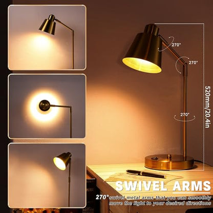 Anxingtools LED Desk Lamp with Dual USB Charging Ports, 100% Metal, 270° Swivel Arms, Soft White Light (3000K), Bedside Reading Lamp, Home Office Lamp(Golden) - color: Golden