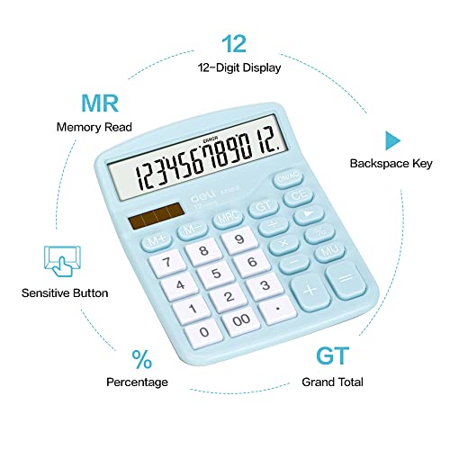 Calculator, Deli Standard Function Desktop Calculators with 12 Digit Large LCD Display and Sensitive Button, Solar Battery Dual Power Office Calculator, Blue - color: Blue
