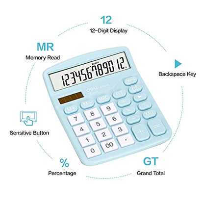 Calculator, Deli Standard Function Desktop Calculators with 12 Digit Large LCD Display and Sensitive Button, Solar Battery Dual Power Office Calculator, Blue - color: Blue