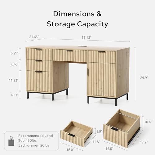 55" Fluted Executive Desk, Modern Home Office Desk with Charging Station, Keyboard Tray, File Drawer, Storage Cabinet for Work Study Writing Desk, Light Oak - color: Light Oak