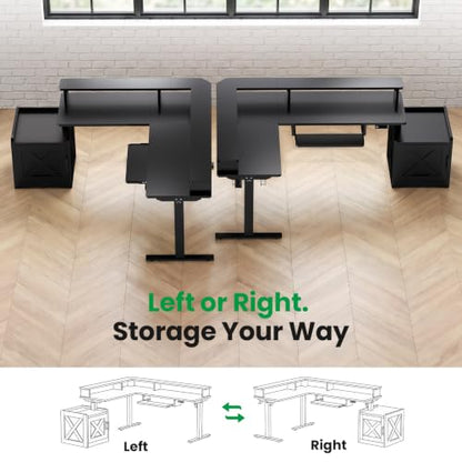 SIAGO 63x55 L-Shaped Standing Desk with Monitor Shelf & Cabinet - color: Black, size: 63 x 55 Inch with Cabinet