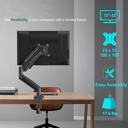 Single Monitor Mount for Desk, Monitor Articulating Arm for max 32inch, Adjustale VESA Monitor Stand for Computer Screen, Clamp and Grommet Base, VESA 75x75/100x100