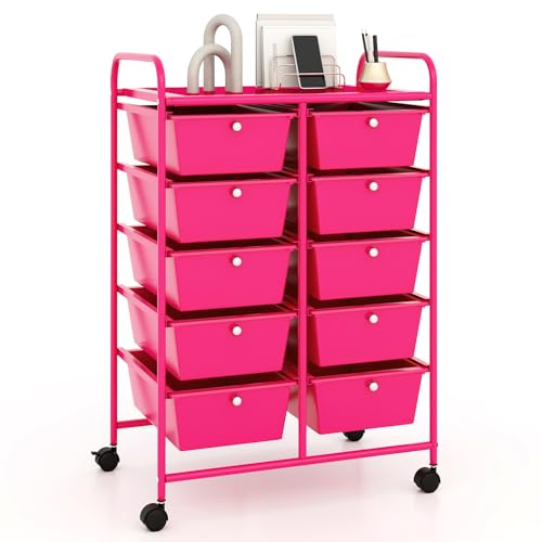 RELAX4LIFE 10-Drawer Rolling Storage Cart - Mobile Craft Art Supply Storage Organizer for Tool Scrapbook Paper Salon, Office School Classroom Teacher Rolling Cart with Drawers, Utility Cart on Wheels - color: Hot Pink, style: 10 Drawers
