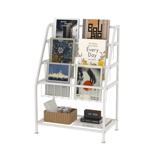 Arbuxzuy Magazine Rack Small Metal for Storage 9.8" D x 17.7" W x 25.6" H, Short Book Shelf for Display and Storage, Ladder Bookcase for Home Office, White - color: White, size: Small
