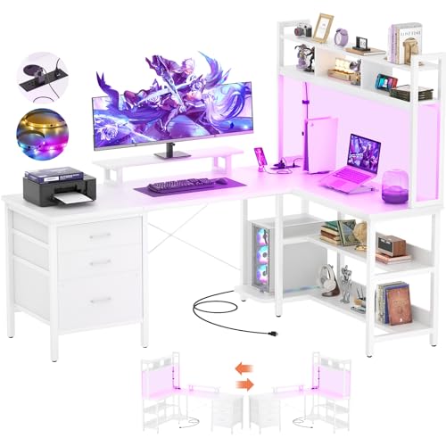 Aheaplus L Shaped Gaming Desk with Hutch, Gaming Desk with Led Lights, Reversible Computer Desk with Power Outlet, Corner Desk with File Drawer & Monitor Stand, Storage Shelves for Home Office, White - color: White