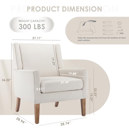 COLAMY Modern Wingback Living Room Chair, Upholstered Fabric Accent Armchair, Single Sofa Chair with Lounge Seat and Wood Legs for Office/Bedroom/Reading Spaces, Beige