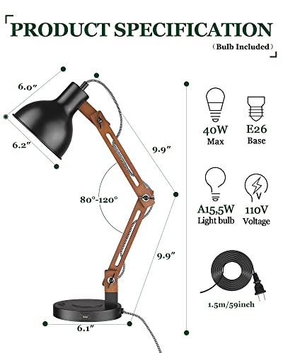 ELYONA Modern Sapele Wood Desk Lamp with Upgraded Wireless Charger & USB C Charging Port Swing Arm Table Lamp Bedside Reading Task Light for Dorm Office Bedroom Living Room LED Bulb Included Black - color: Upgrate Black